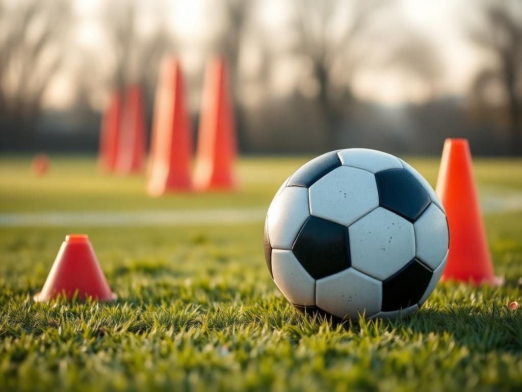 Bola de futebol e cones de treino sobre a grama — imagem ilustrativa